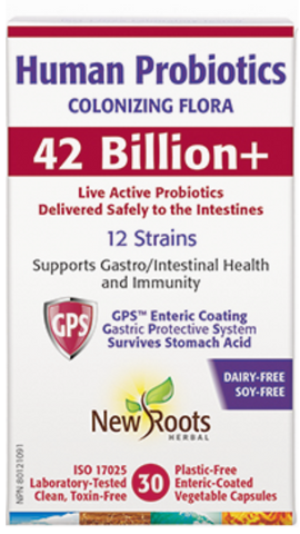 New Roots Herbal Human Probiotics 42 Billion+ 12 Human Strains (30 Enteric Coated Veg Caps)