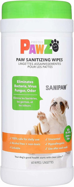 PawZ SaniPaw Odor Eliminating Dog Paw Wipes (60 Wipes)